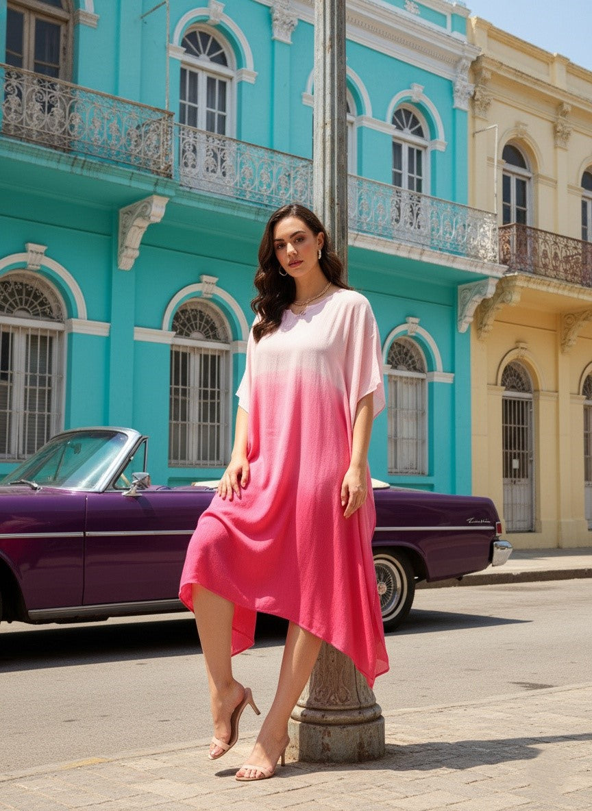 Rayon Hand Dyed Tie Dye Ombre Pink Kaftan (W1158)