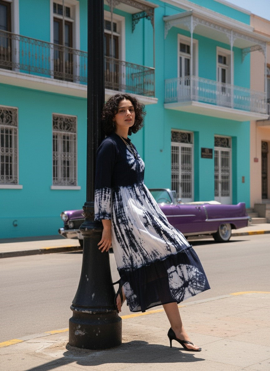 Women Handmade Floral Cotton Blend Flared Dark Blue Dress (W1606)