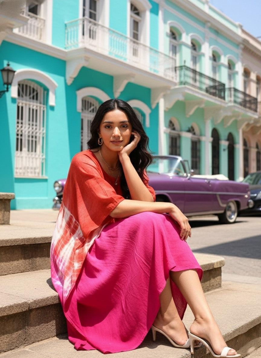 Rayon Crepe Tie Dye Brown Kaftan Dress (W1189)