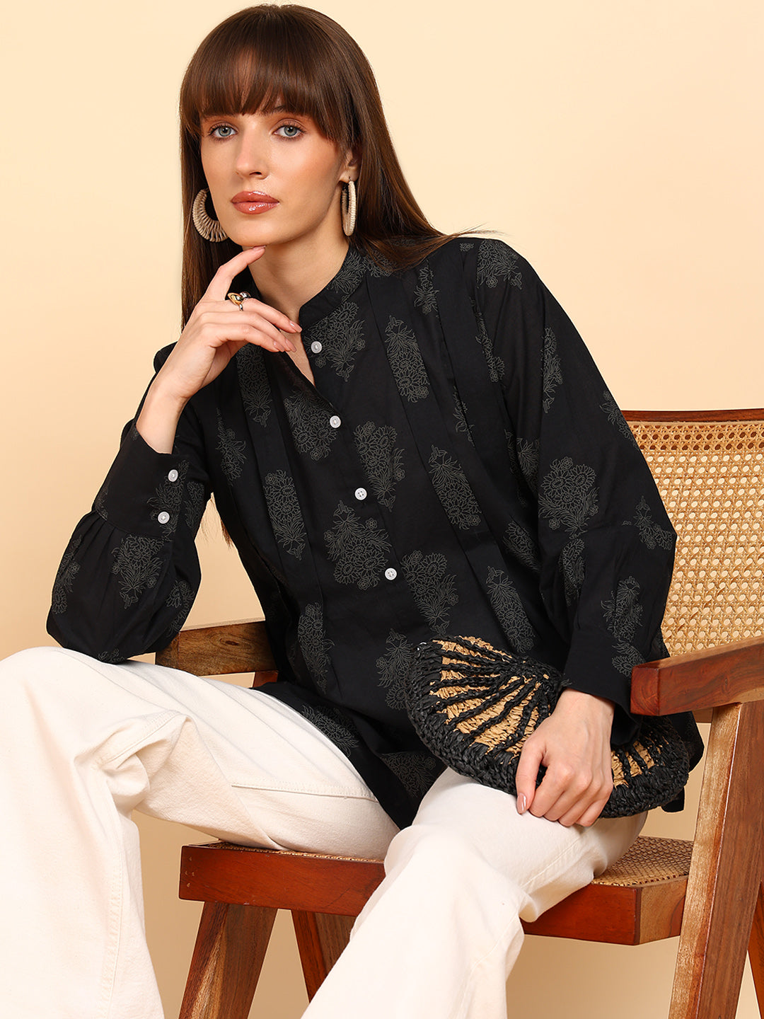 Women Cotton Printed Mandarin Collar Regular Fit Shirt (W1764)