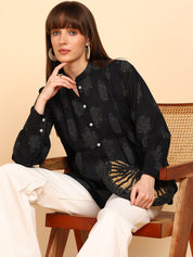 Women Cotton Printed Mandarin Collar Regular Fit Shirt (W1764)