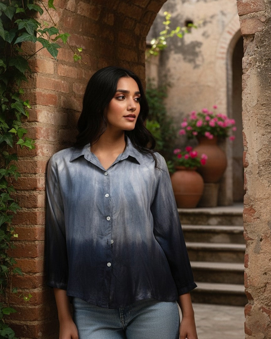 Rayon Hand Dyed Tie Dye Black Loose Fit Shirt (W1197)