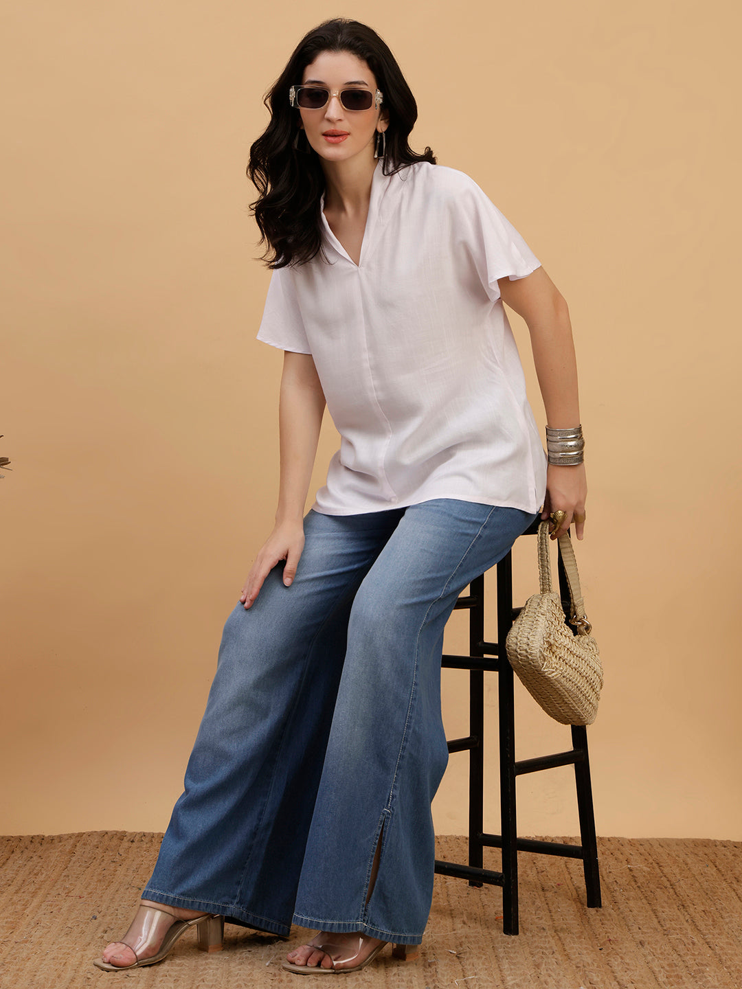 Women White Solid Rayon Casual Top (W1788)
