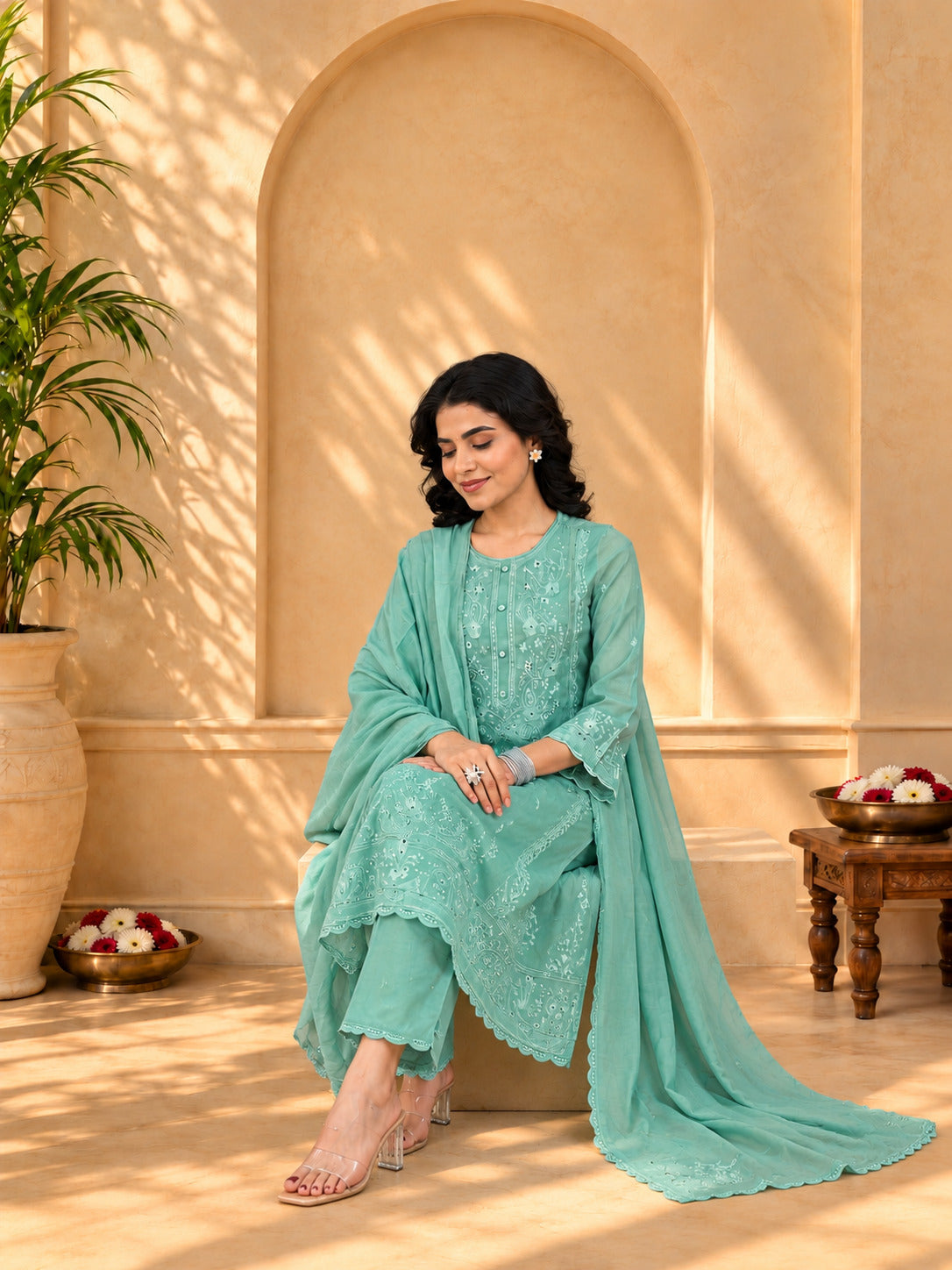 Jaipurhues Luxe Rama Muslin Silk Festive Kurta Set | Kurta Bottom Dupatta (W10008)