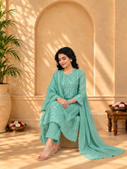 Jaipurhues Luxe Rama Muslin Silk Festive Kurta Set | Kurta Bottom Dupatta (W10008)