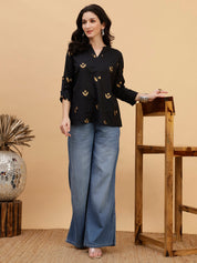 Women Black Printed Camric Casual Top (W1809)