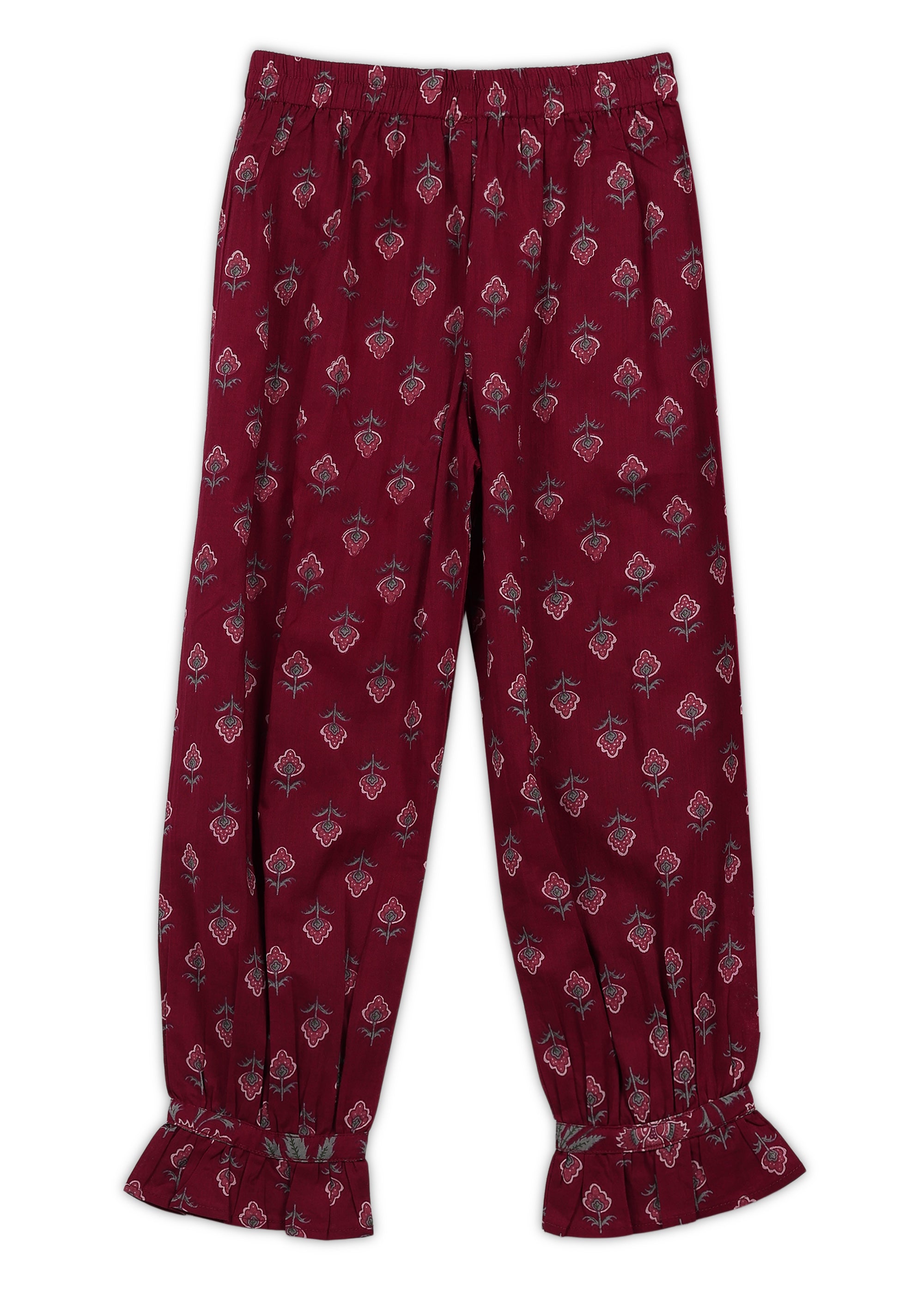 Girls Maroon Printed Cotton A-line Kurta And Pant Set (K1091)