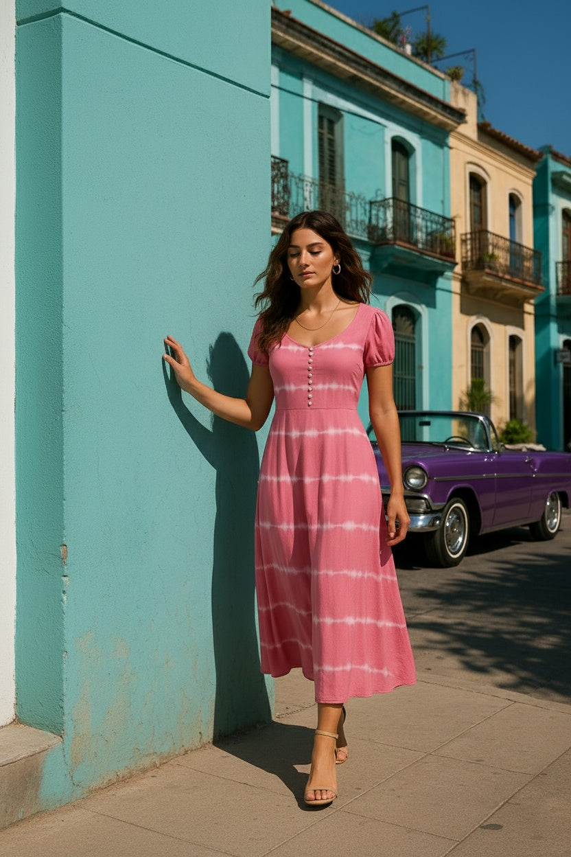 Women Handmade Floral Rayon Flared Pink Dress (W1610)