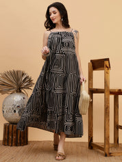 Women Casual Camric Printed Black A-Line Dress (W1816)