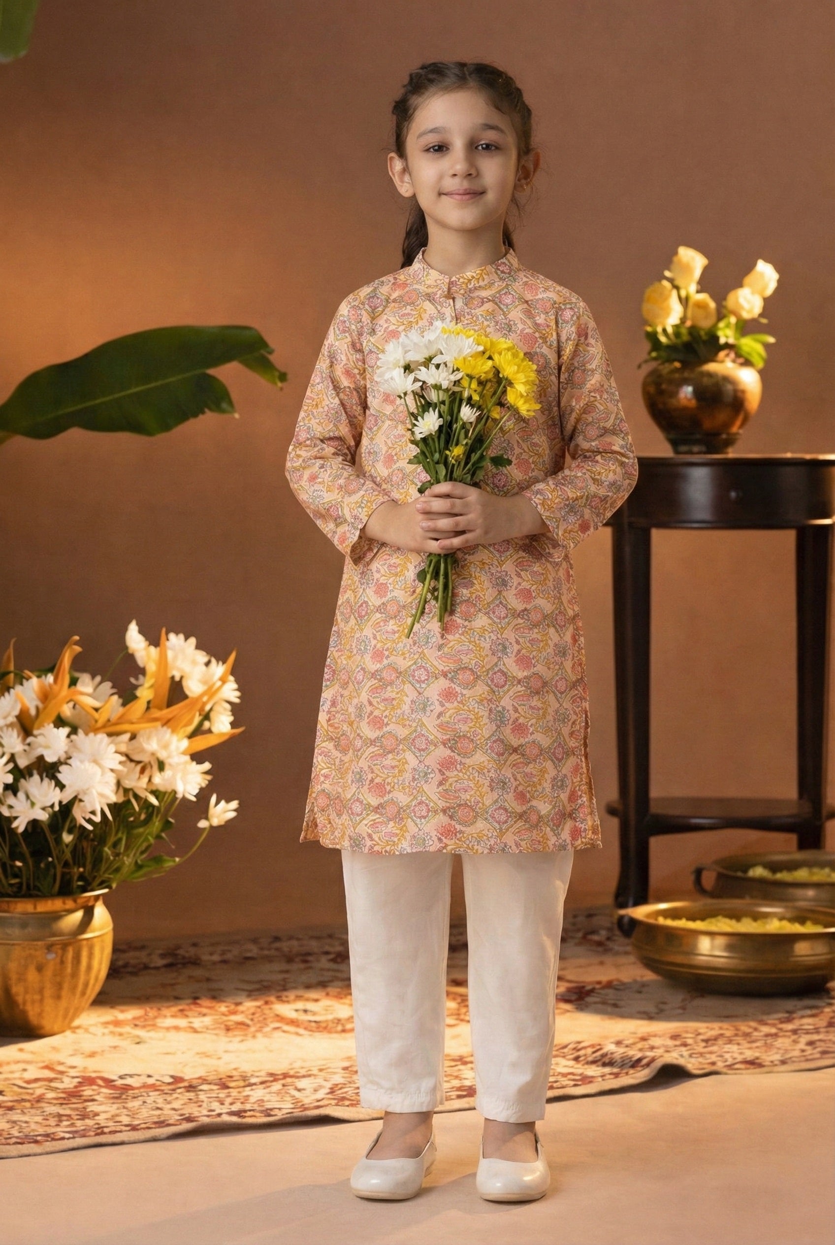 Printed Cotton Kurta Pyjama Set For Girls (K1054)