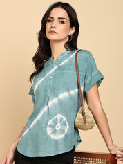 Women Casual Rayon Slub Tie & Dye Mandarin Short Sleeves Regular Fit Top (W1704)