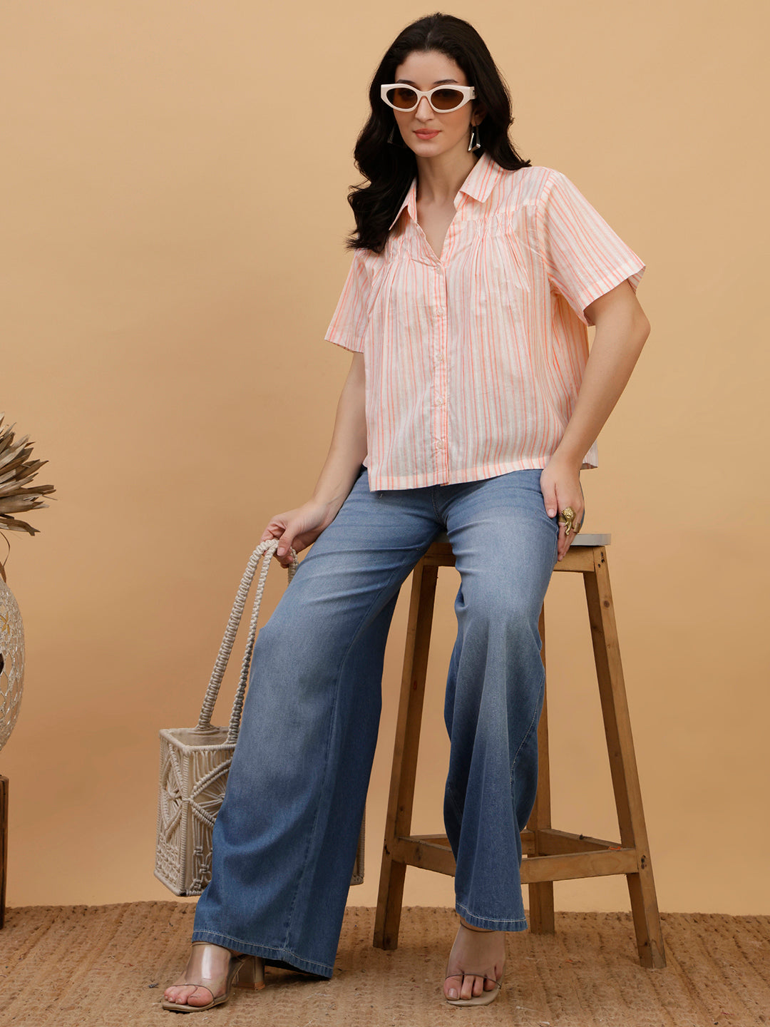 Women Camric Pink Striped Casual Regular Fit Shirt (W1812)