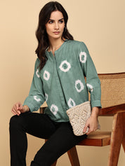 Women Casual Cotton Slub Tie & Dye Mandarin Full Sleeves Regular Fit Shirt (W1719)