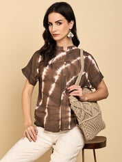 Women Casual Rayon Slub Tie & Dye Mandarin Short Sleeves Regular Fit Top (W1705)