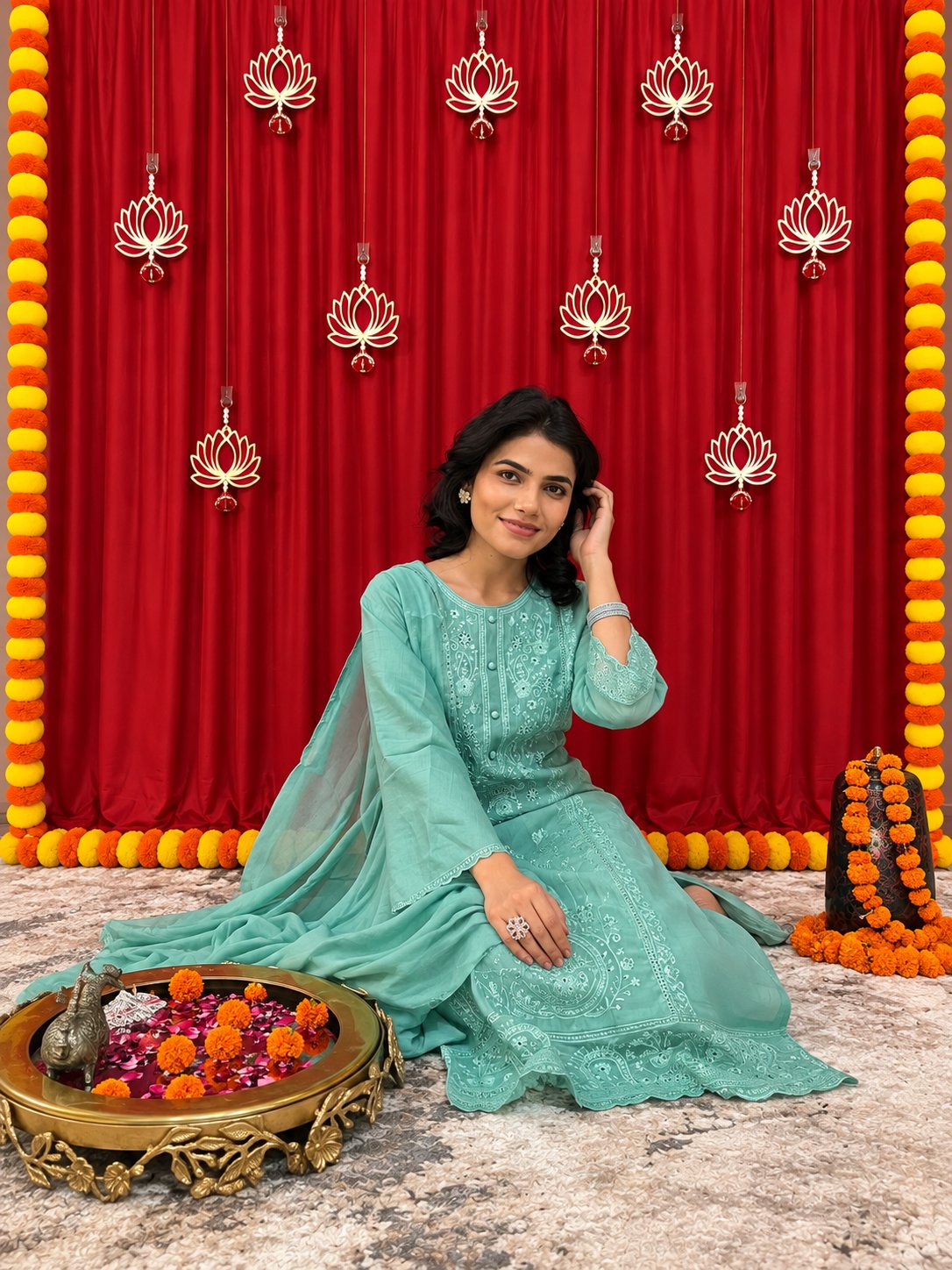 Maaesa Luxe Rama Muslin Silk Festive Kurta Set | Kurta Bottom Dupatta (W10008)