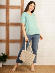 Women Aqua Blue Solid Rayon Casual Top (W1785)