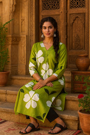 Women Handmade Geometric Pure Cotton Straight Light Green Kurta (W1589)
