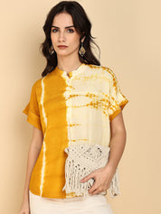 Women Casual Rayon Slub Tie & Dye Mandarin Short Sleeves Regular Fit Top (W1703)