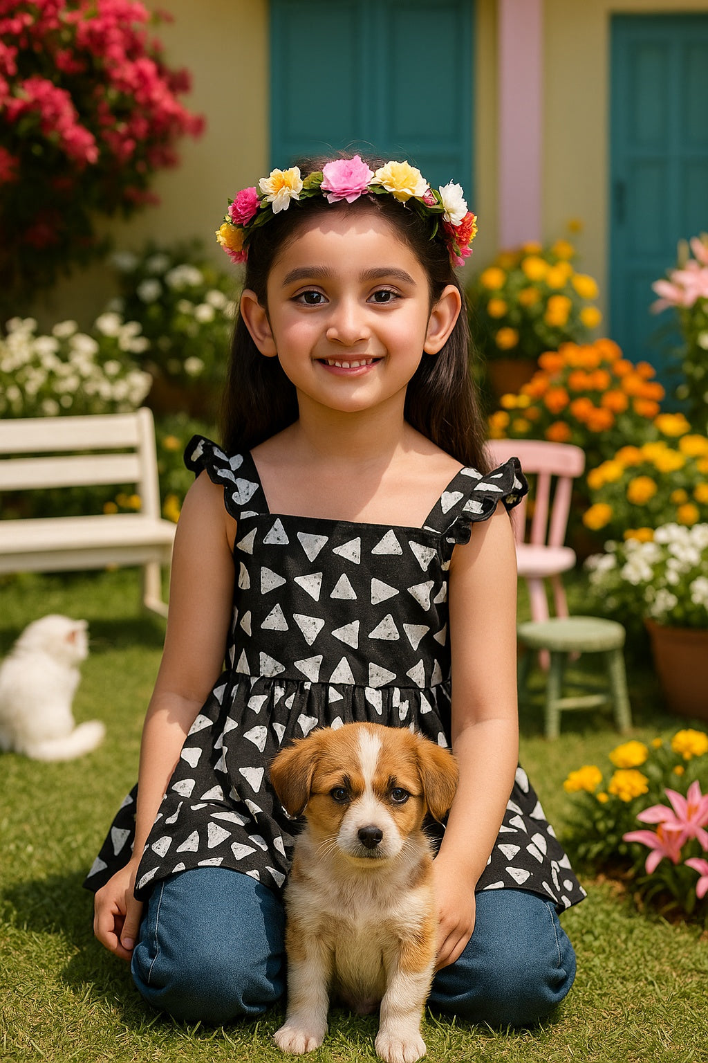 Cotton Printed Frill Shoulder Top for Girls (K1005)