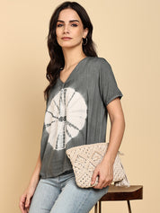 Women Casual Rayon Slub Tie & Dye V-Neck Short Sleeves Regular Fit Top (W1686)