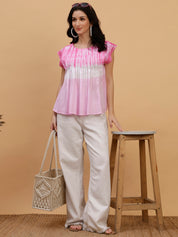 Women Pink-White Tie & Dye Camric Casual Top (W1805)