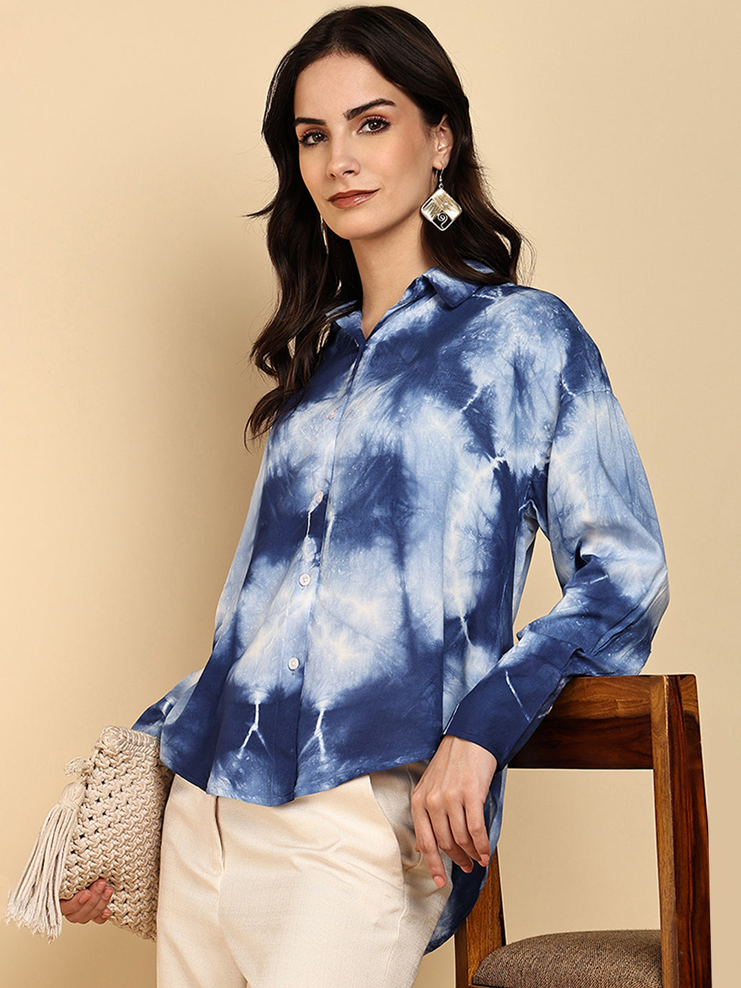 Women Casual Rayon Staple Tie & Dye Spread Collar Full Sleeves Loose Fit Shirt (W1697)