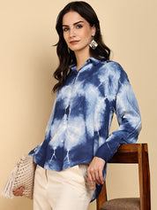 Women Casual Rayon Staple Tie & Dye Spread Collar Full Sleeves Loose Fit Shirt (W1697)