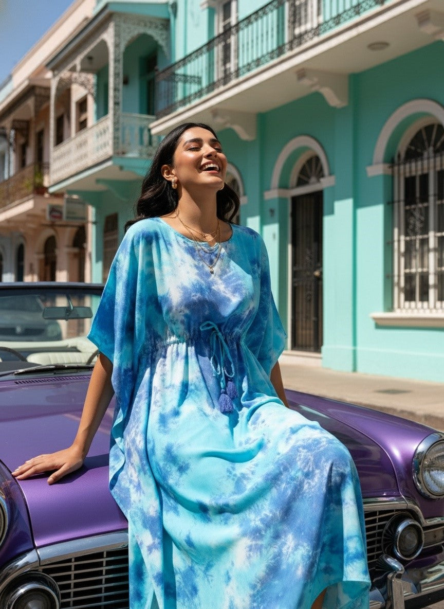 Rayon Hand Dyed Tie Dye Green Kaftan Dress (W1191)