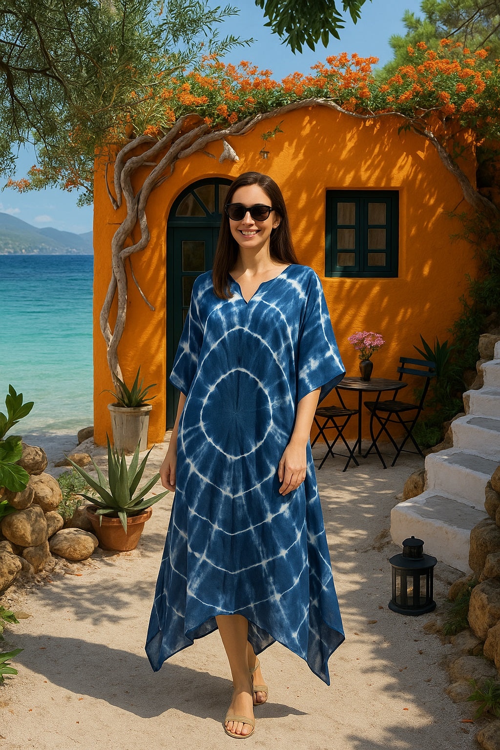 Rayon Crepe Tie Dye Blue Kaftan Kurta (W1125)