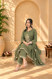 Jaipurhues Luxe Green Mulchanderi Festive Kurta Set | Kurta Bottom Dupatta (W10009)