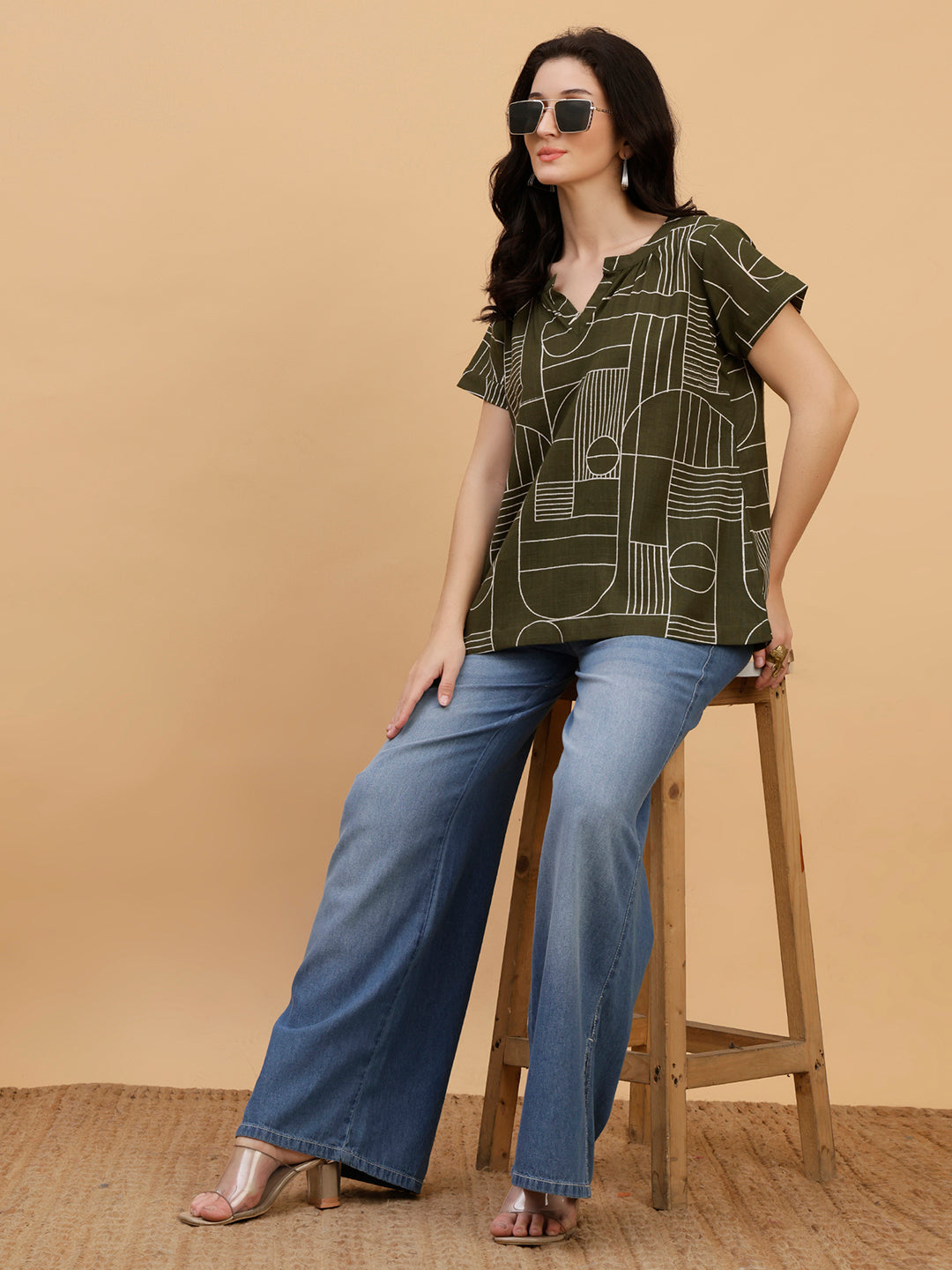 Women Green Cotton Printed Casual Top (W1793)