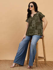Women Green Cotton Printed Casual Top (W1793)