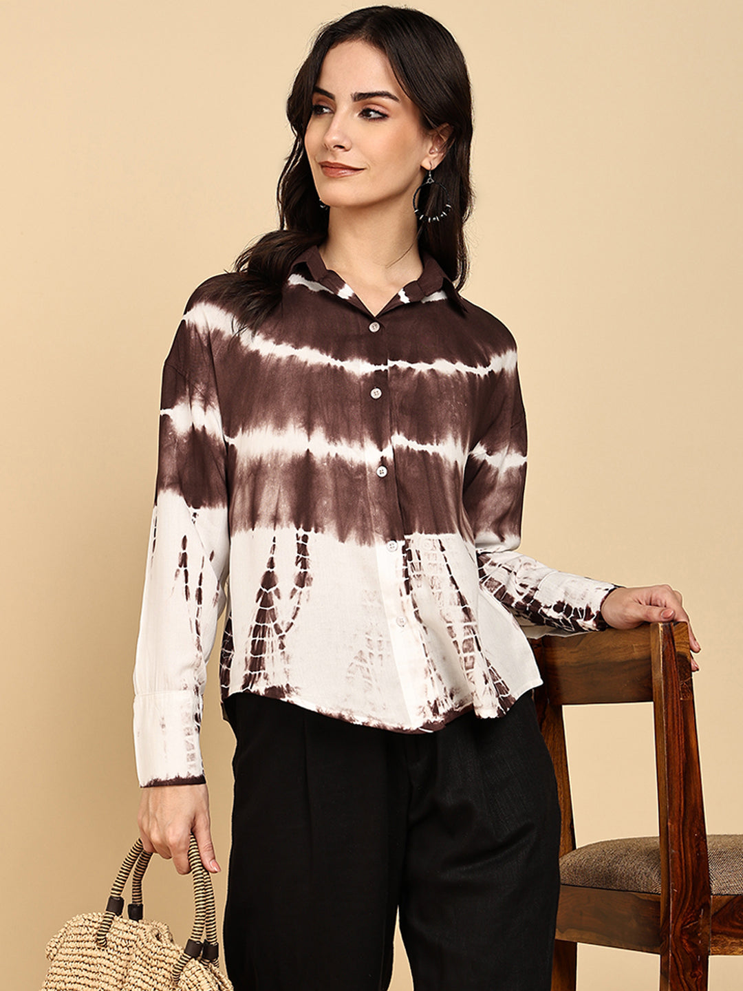 Women Casual Rayon Staple Tie & Dye Spread Collar Full Sleeves Loose Fit Shirt (W1694)