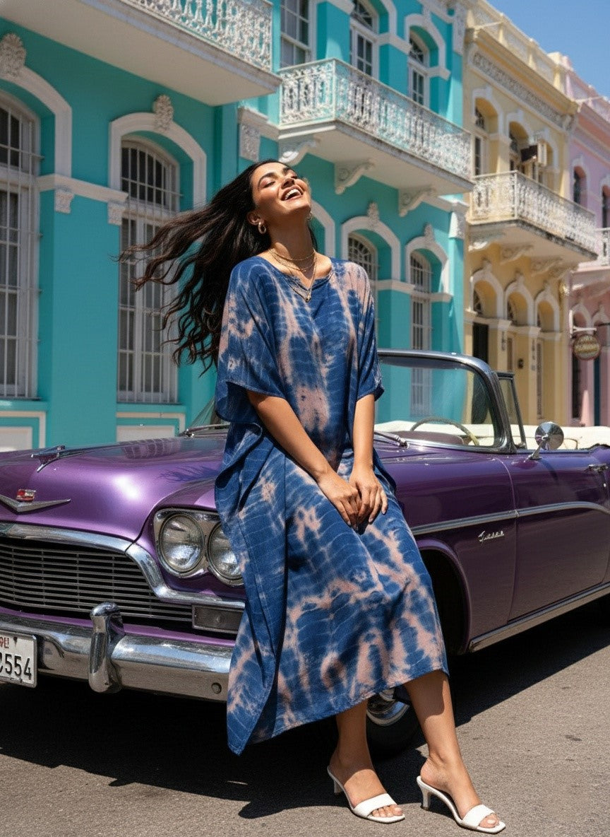 Women Rayon Tie & Dye Beige-Blue Kaftan Dress (W1206)