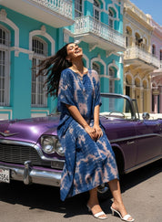 Women Rayon Tie & Dye Beige-Blue Kaftan Dress (W1206)