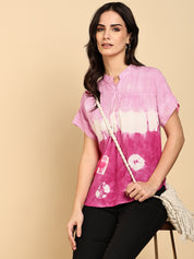 Women Casual Rayon Slub Tie & Dye Mandarin Short Sleeves Regular Fit Top (W1701)