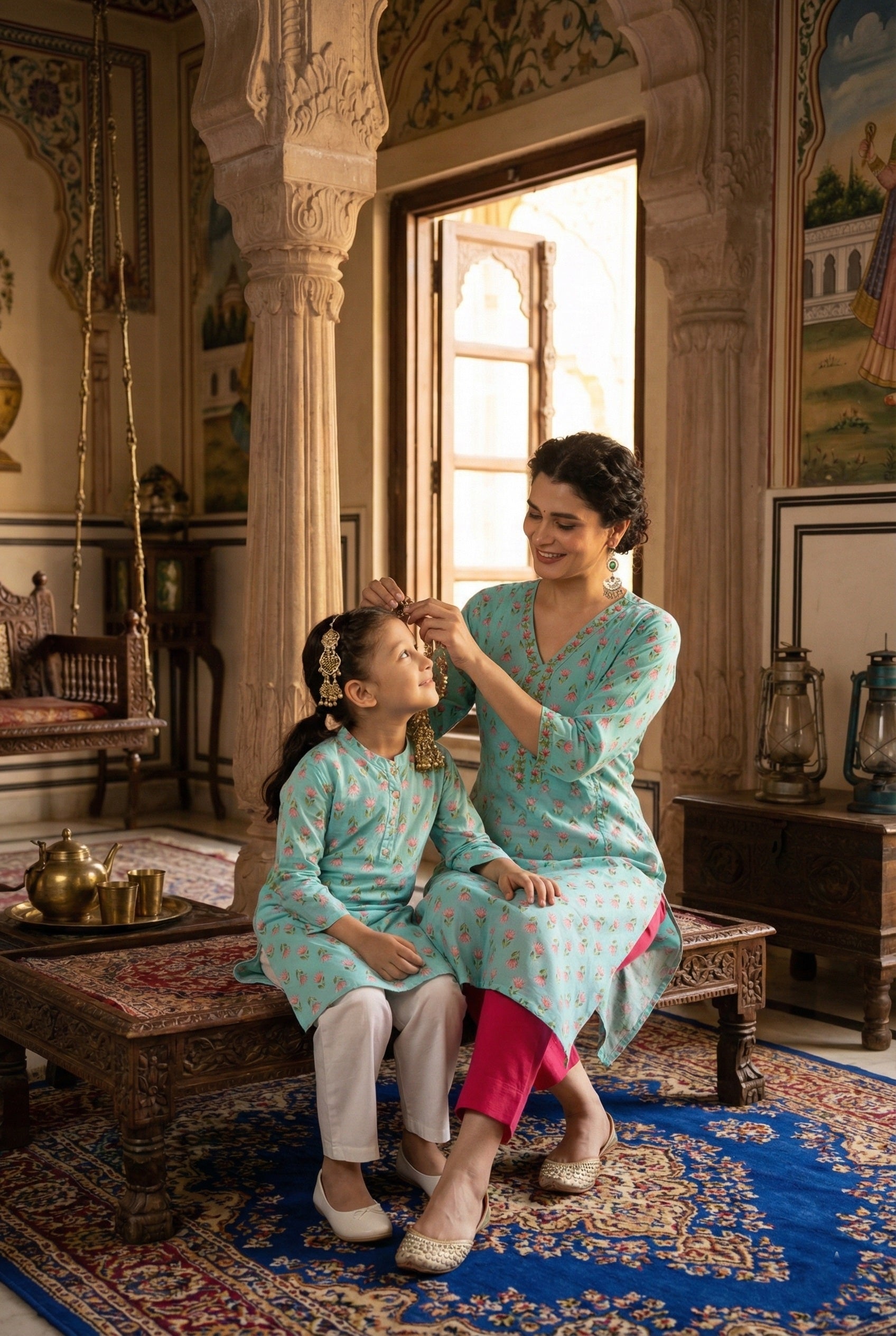 Women Printed Straight Kurta With Matching Girl Kurta Pyjama Set Mother Daughter Combo For Women & Girls (COMBO9033)