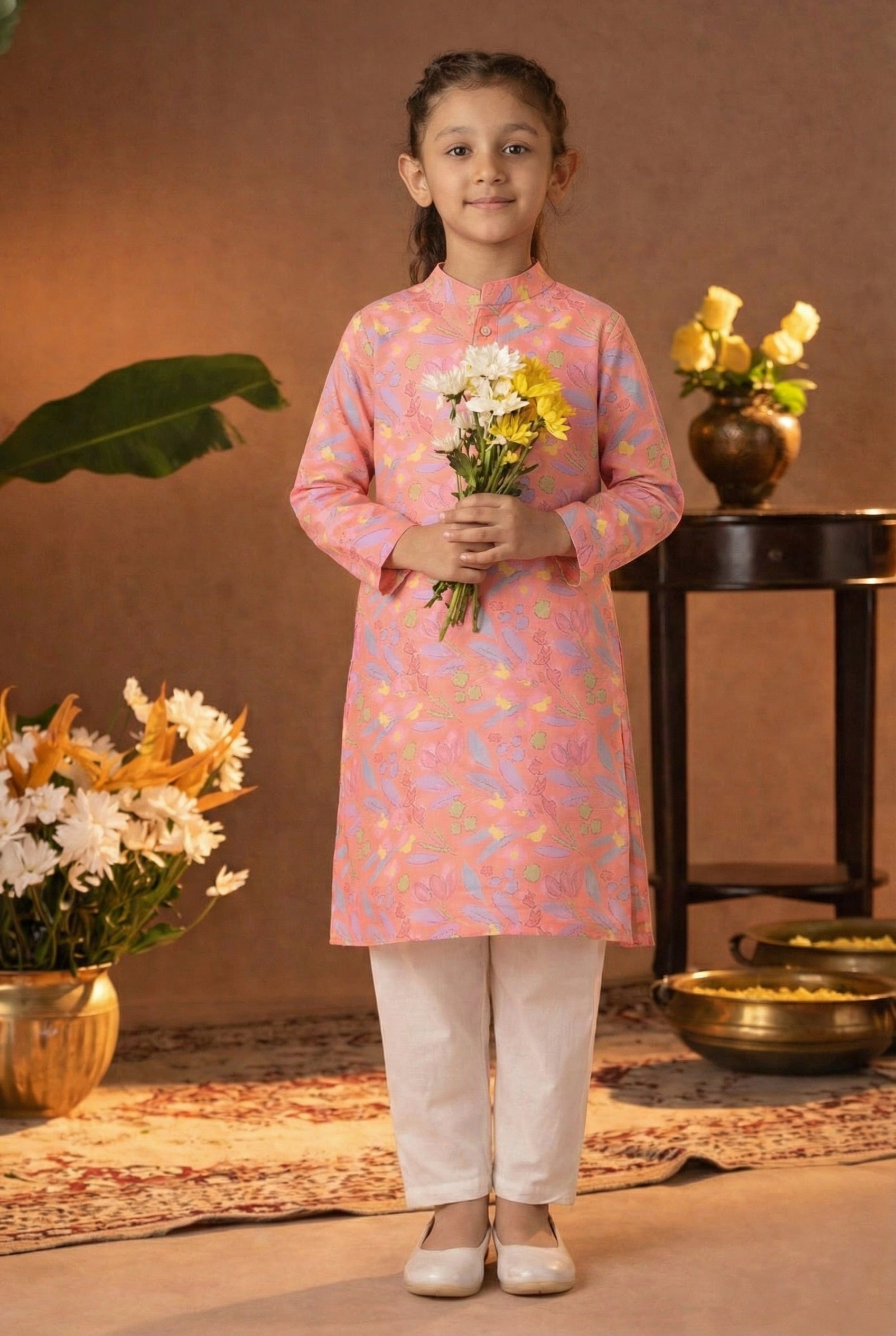 Printed Cotton Kurta Pyjama Set For Girls (K11087)