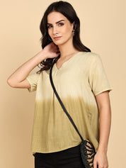 Women Casual Rayon Slub Tie & Dye V-Neck Short Sleeves Regular Fit Top (W1685)