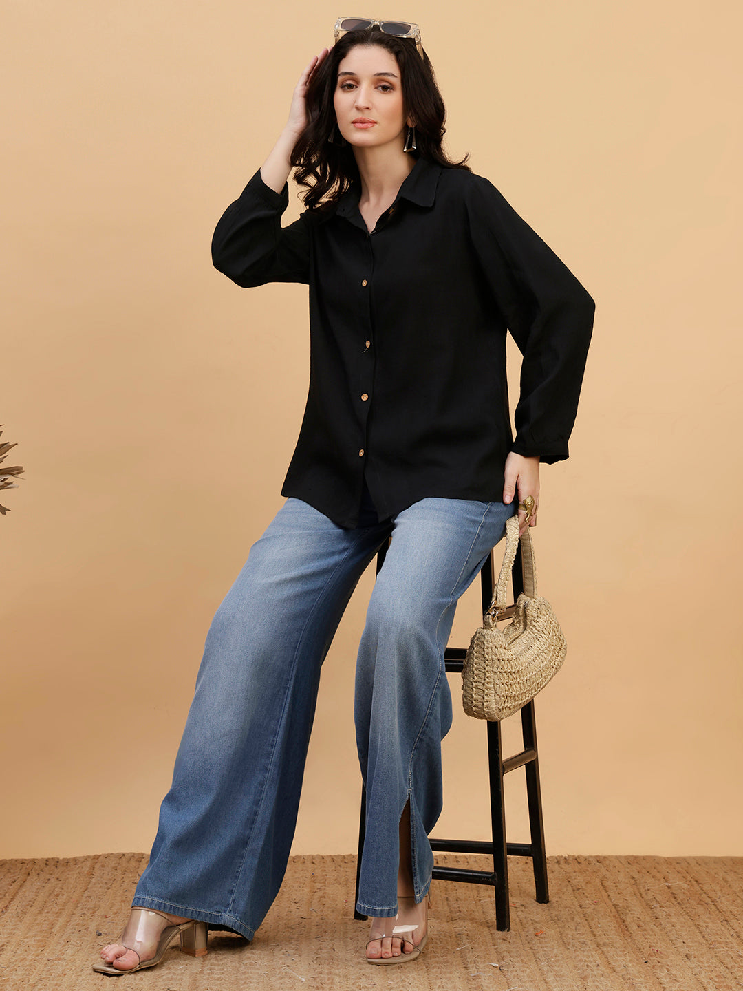 Women Black Solid Rayon Casual Regular Fit Shirt (W1782)