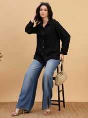 Women Black Solid Rayon Casual Regular Fit Shirt (W1782)