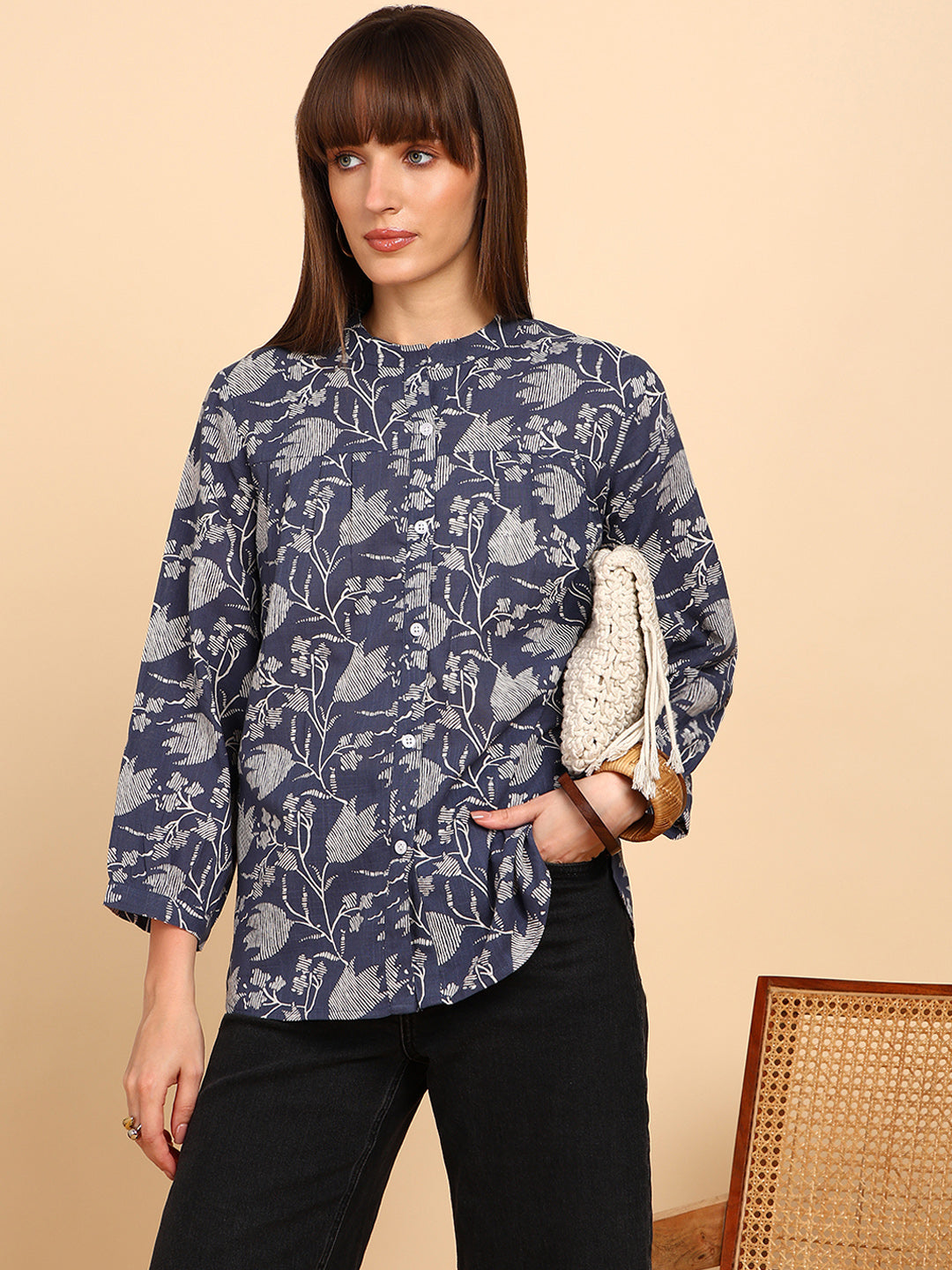Women Cotton Slub Printed Mandarin Collar Regular Fit Shirt (W1767)