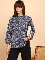 Women Cotton Slub Printed Mandarin Collar Regular Fit Shirt (W1767)