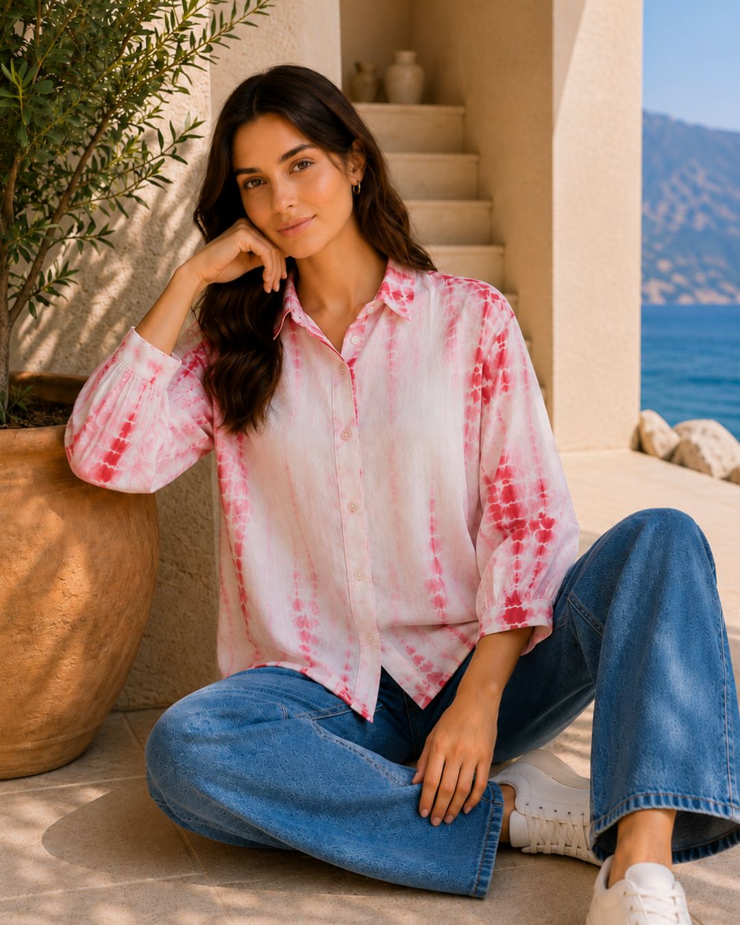 Women Handmade Tie-Dye Rayon White Shirt (W1625)