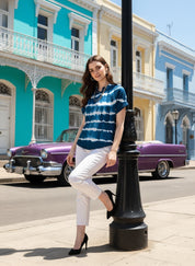 Vibrant Navy Blue Tie-Dye Everywhere Top In Soft Rayon (W1543)