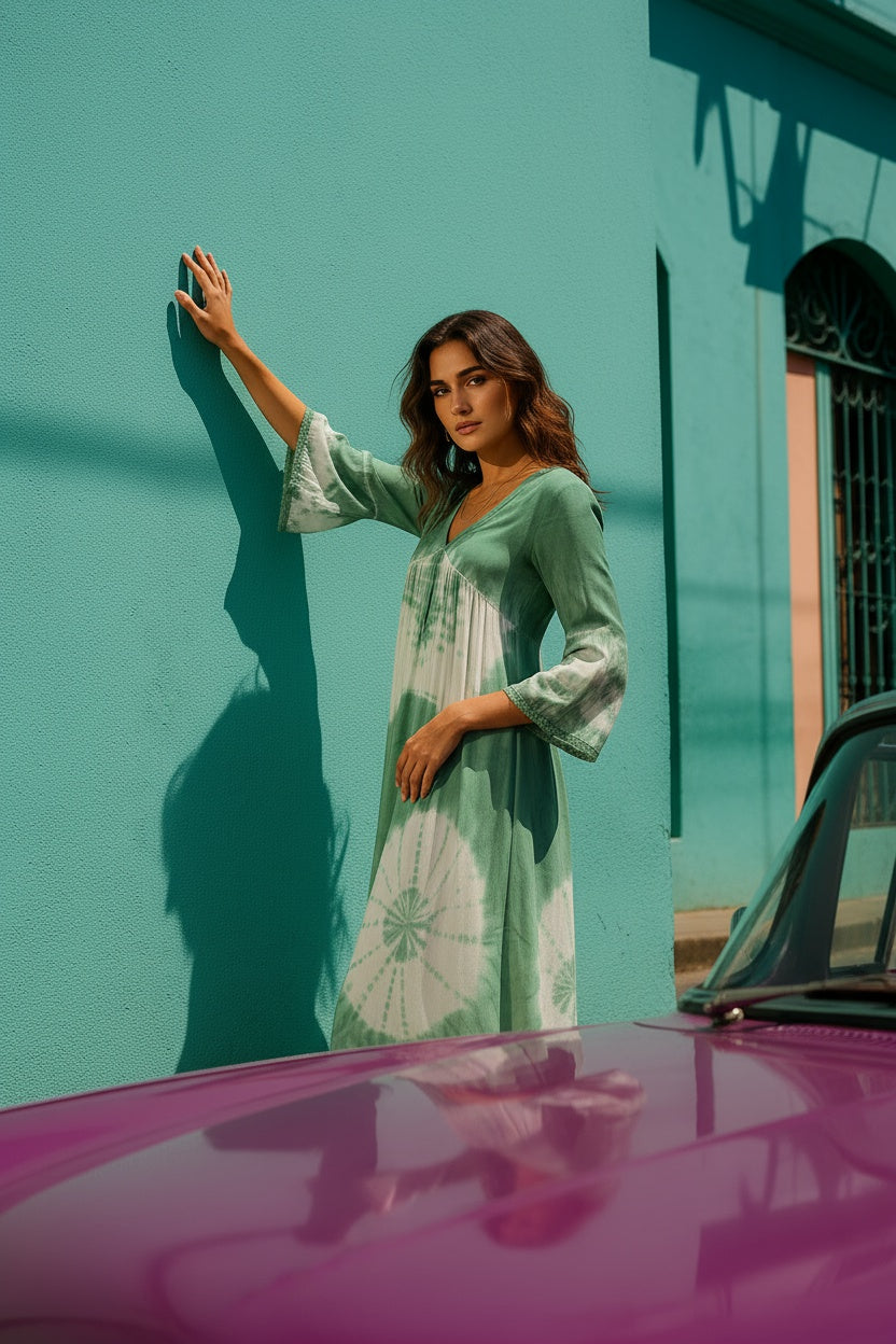 Women Handmade Floral Print Rayon Flared Light Green Dress (W1600)