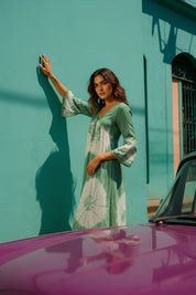 Women Handmade Floral Print Rayon Flared Light Green Dress (W1600)