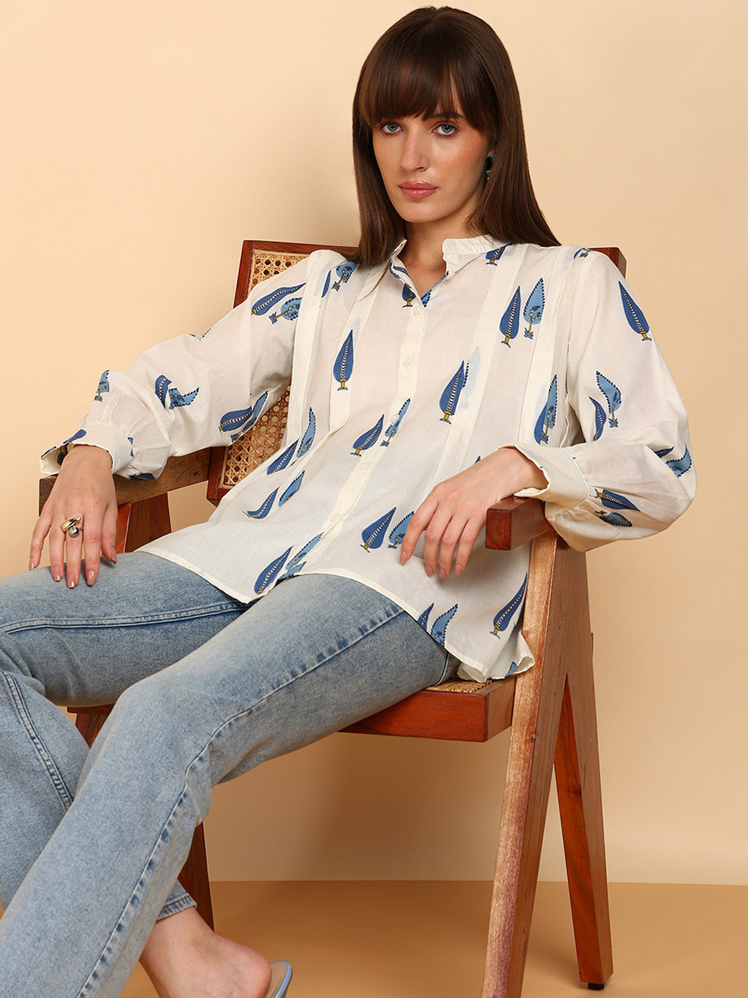Women Cotton Printed Mandarin Collar Regular Fit Shirt (W1765)