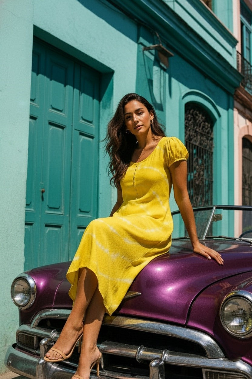 Rayon Tie Dye Yellow Dress (W1280)