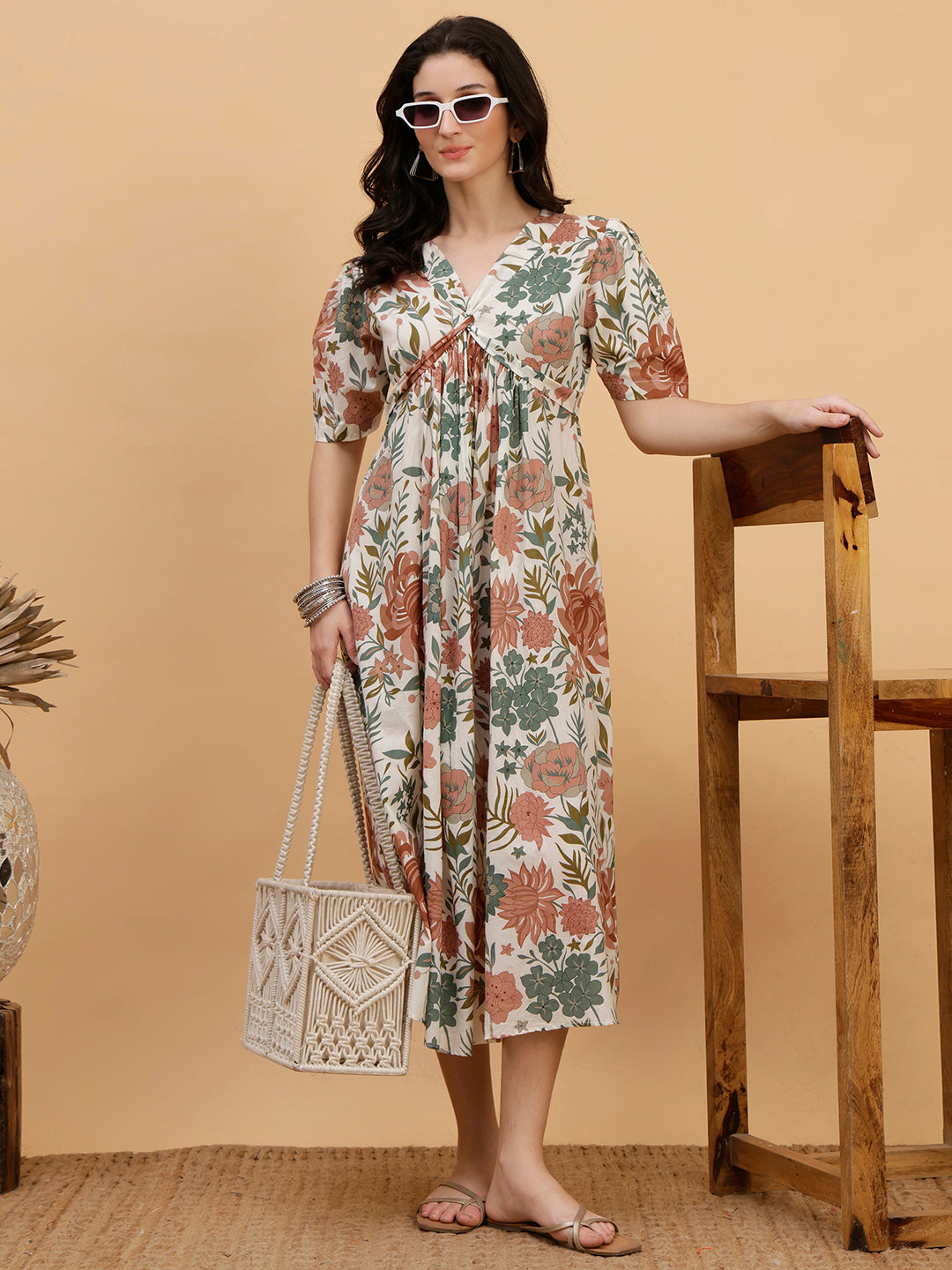 Women White Floral Printed Camric A-Line Dress (W1814)
